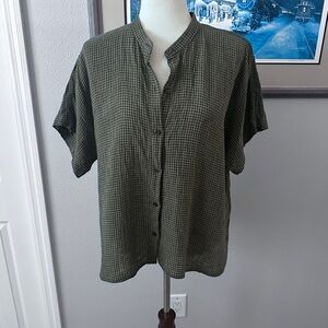 Eileen Fisher Olive Green Checked Short Sleeve Button-Front Shirt